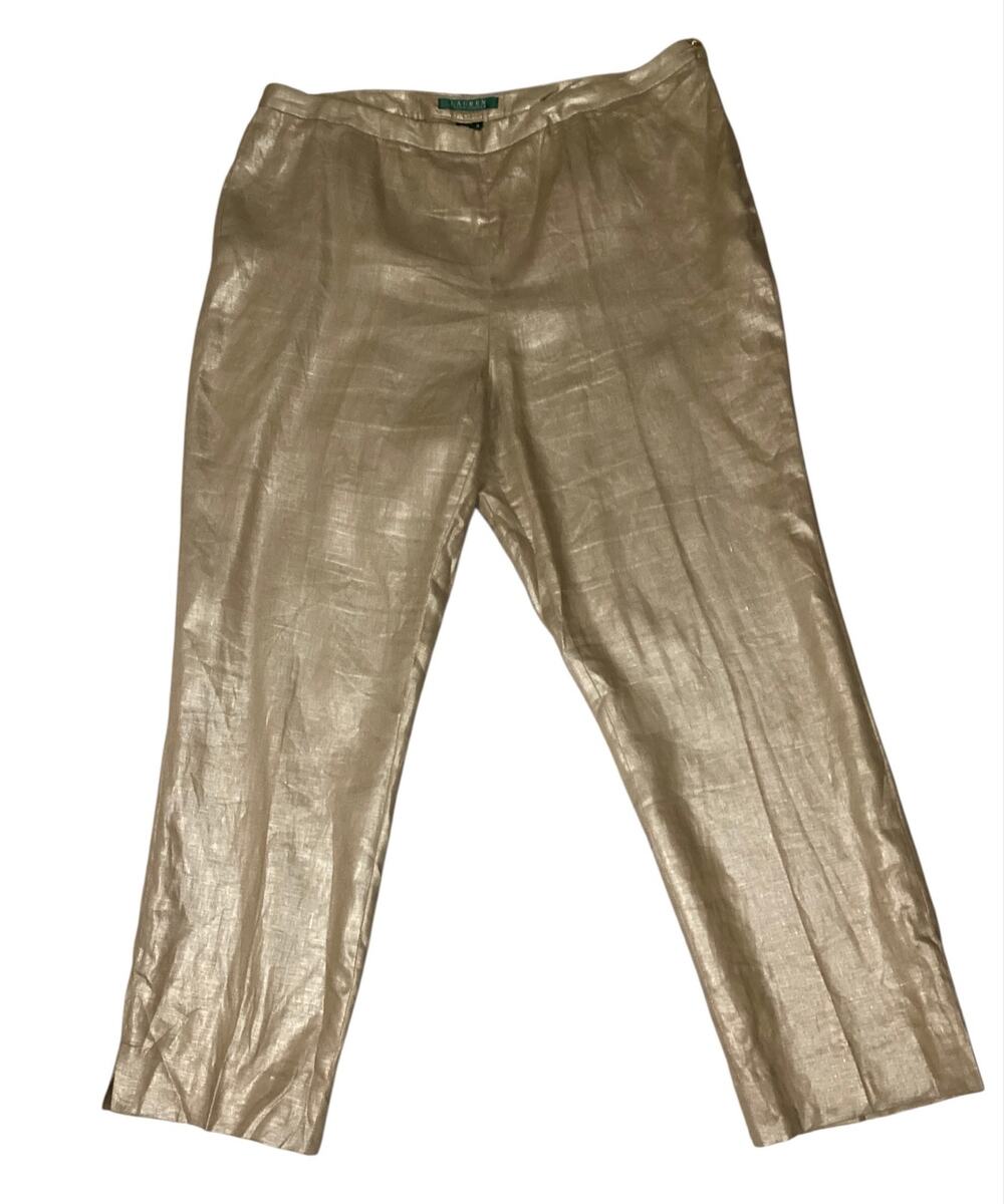 Lauren Ralph Lauren Metallic Gold Linen Trousers Side Zip Pants Size 12